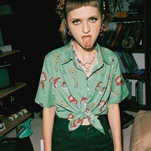 Sz L oversized mushroom crop top button down blouse shirt funky retro steampunk